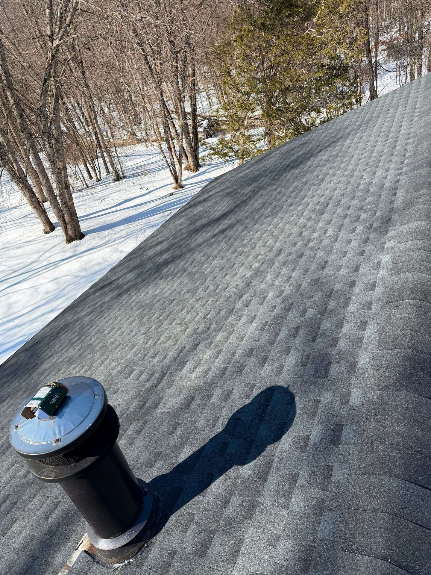 Wind-lifted asphalt shingles along a roof edge after a storm