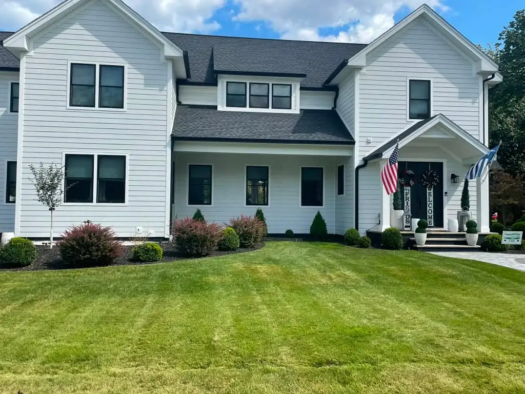 Finished roof replacement, aerial view